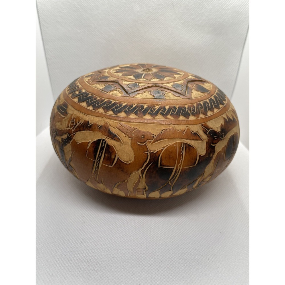 Handmade Carved Gourd Peru South American Llama Alpaca 6.5" Diameter 3.5" Tall